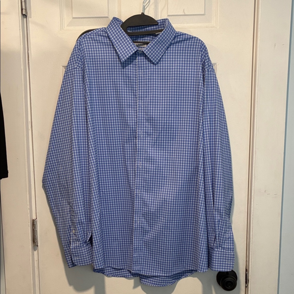 Haggar Men's Blue Gingham Button Down Shirt 18-18 1/2 34/35
